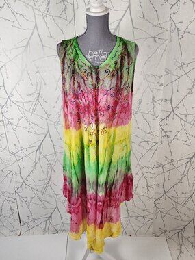 Ivy Colorful Dip Dye Embroidered Round Neck Flowy Swing Dress